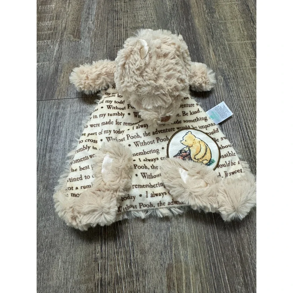 Disney Winnie the Pooh Baby Security Blanket Lovey Tan Script Quotes Plush Bear‎